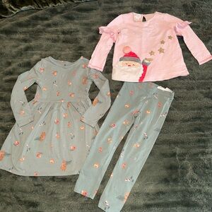 H&M Pink and Green Kids Pajama Set with Santa and Animal Prints